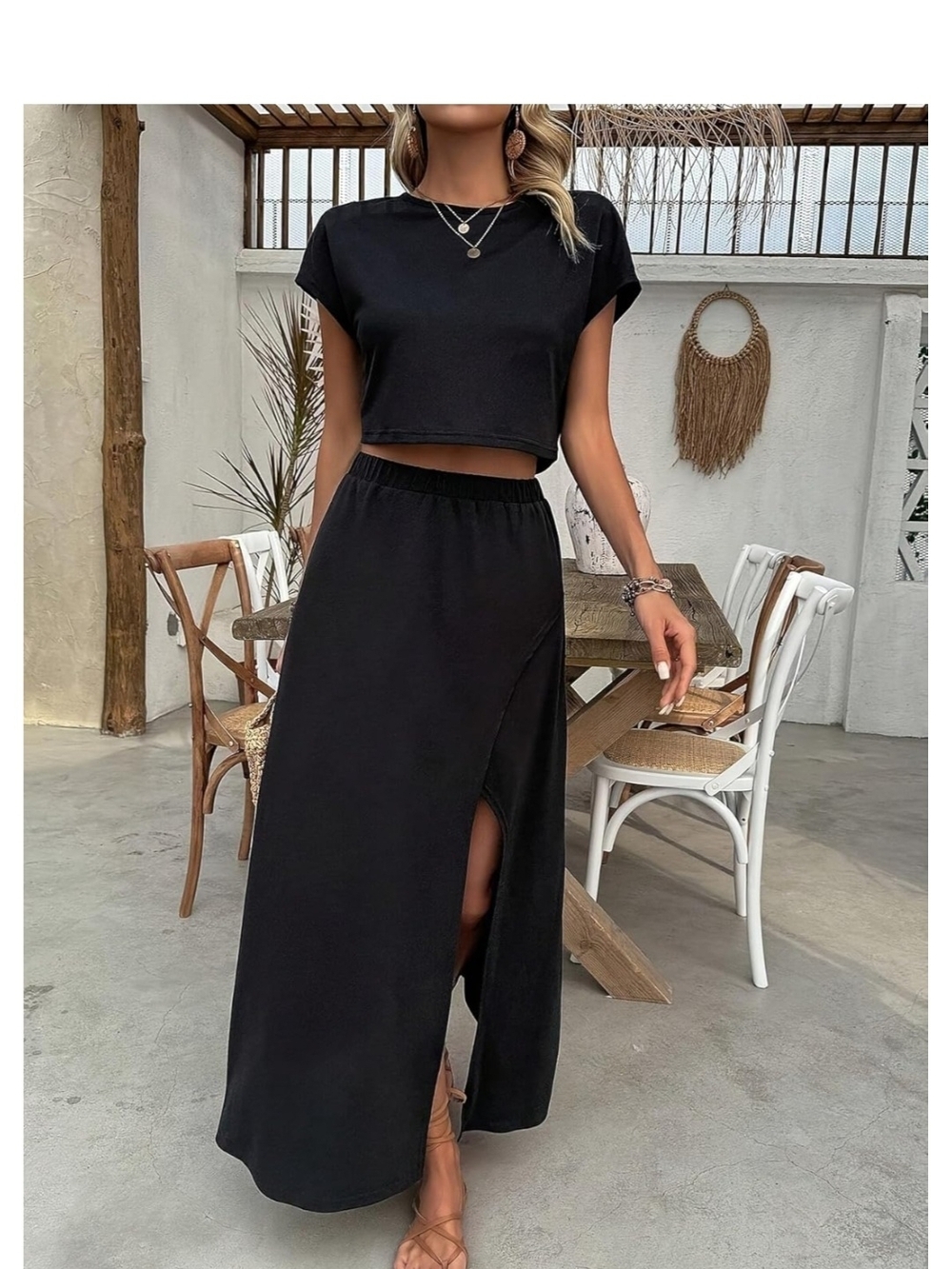 Women’s Black Two-Piece Skirt Set with Front Slit